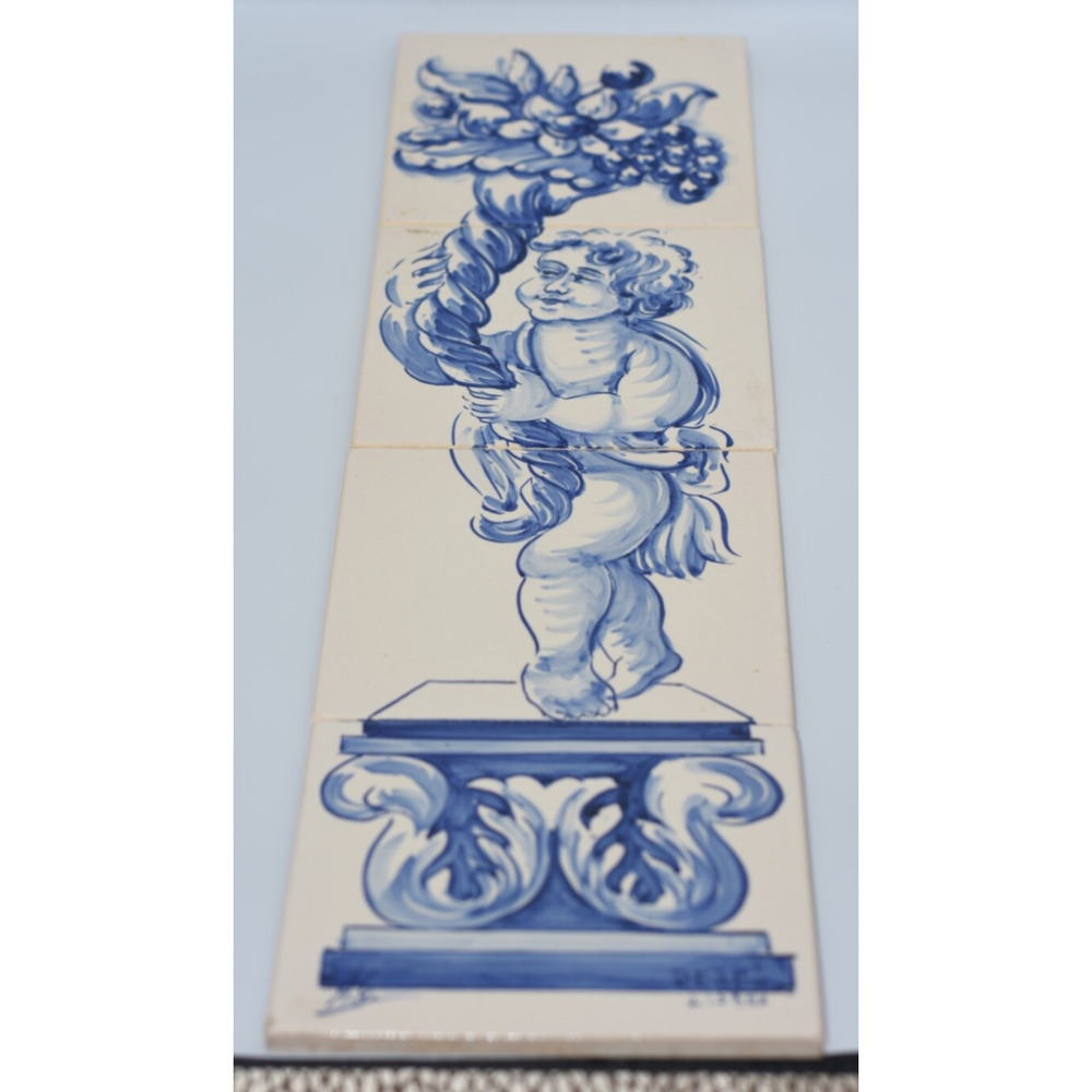 Vintage Hand Painted Portuguese Decor Tiles Azulejos "Cherub " Signed Lisboa
